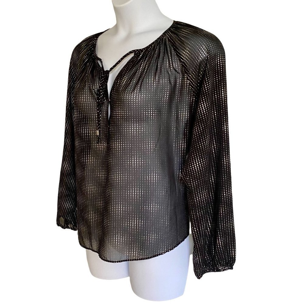 Jennifer Lopez Sheer Long Sleeve Blouse Black with Silver Womens Large